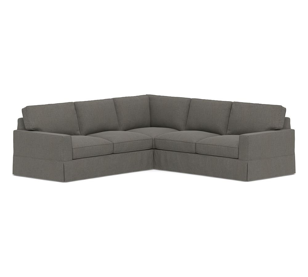 PB Comfort Square Arm Slipcovered 3-Piece L-Shaped Corner Sectional, Box Edge, Down Blend Wrapped Cushions, Chenille Basketweave Charcoal - Image 0