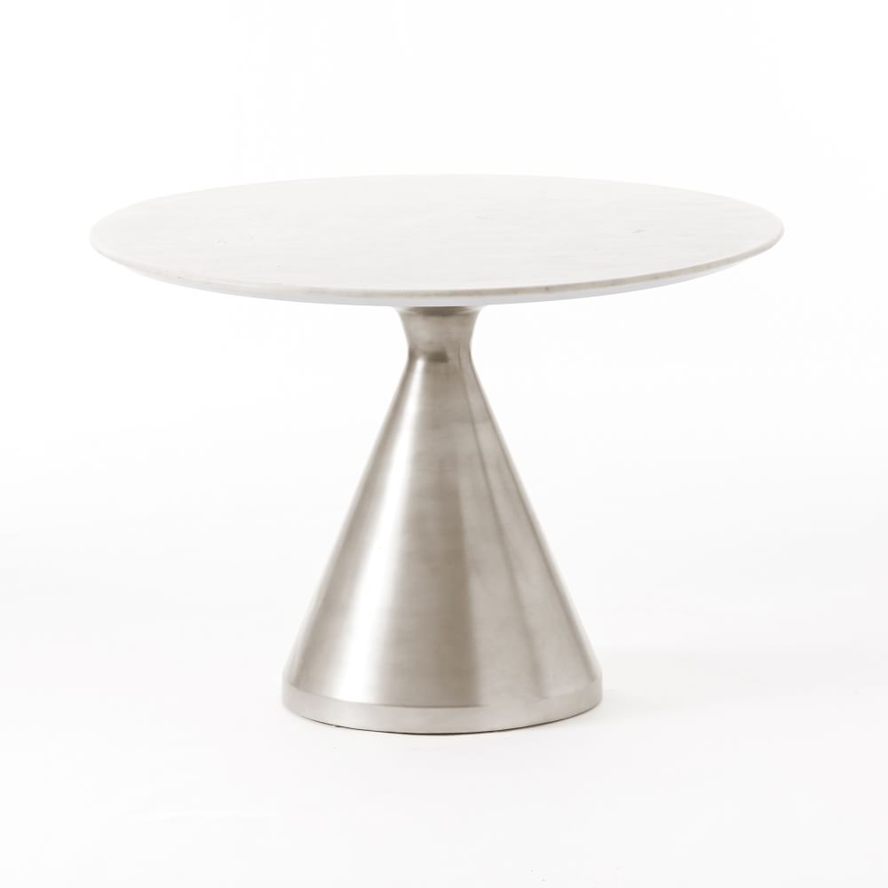 Silhouette 44" Pedestal Dining Table, Round White Marble, Brushed Nickel - Image 0