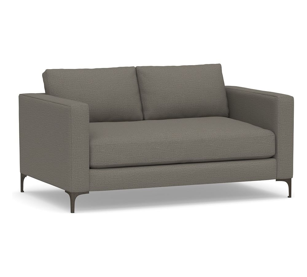 Jake Upholstered Apartment Sofa 63" with Bronze Legs, Polyester Wrapped Cushions, Chunky Basketweave Metal - Image 0