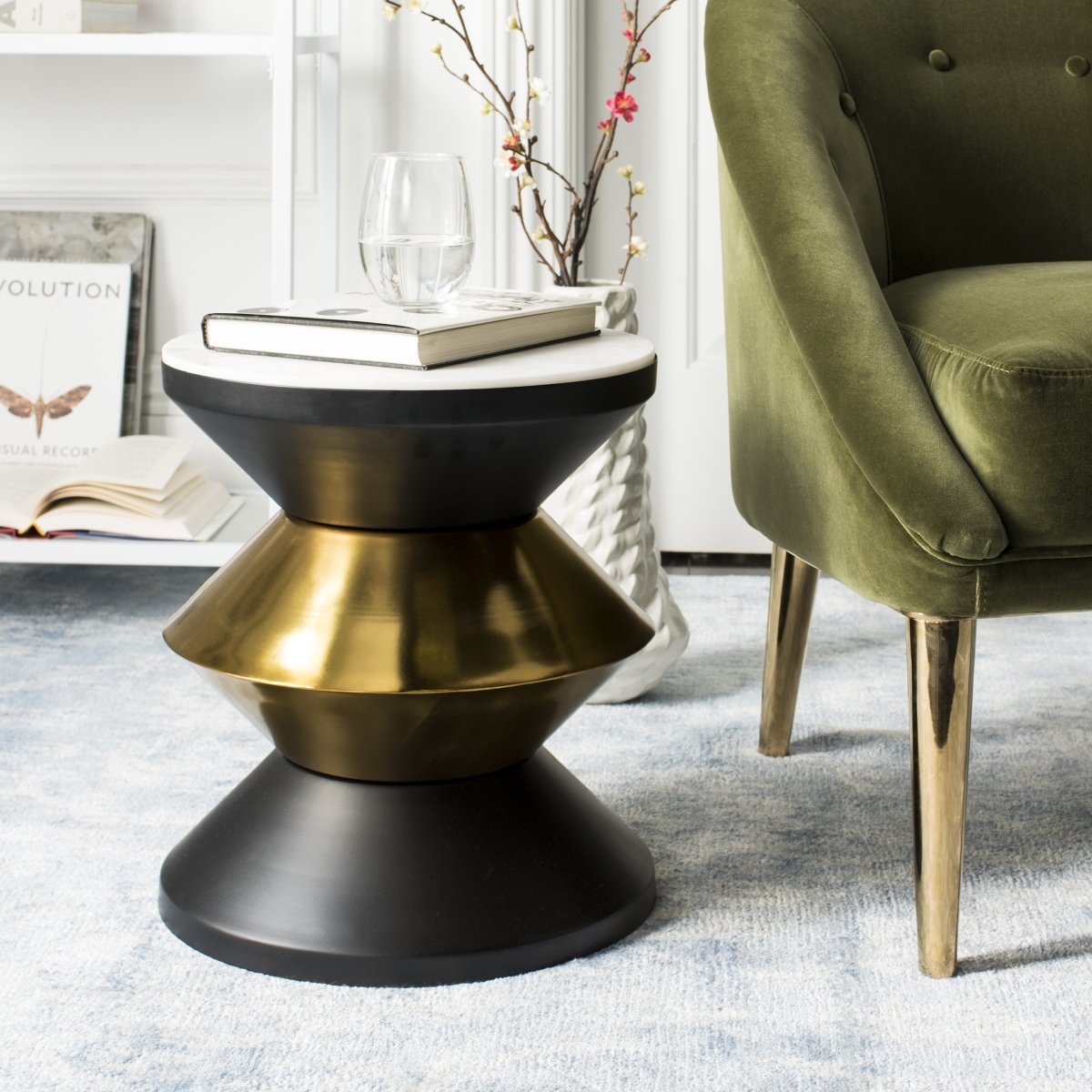 Azizi Stone Top Side Table - Black / Gold - Safavieh - Image 1
