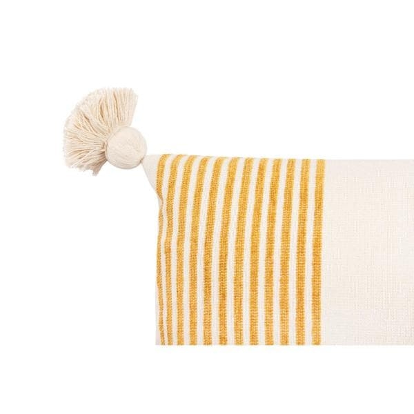 Cream Cotton & Chenille Pillow with Vertical Mustard Stripes, Tassels & Solid Cream Back - Image 2