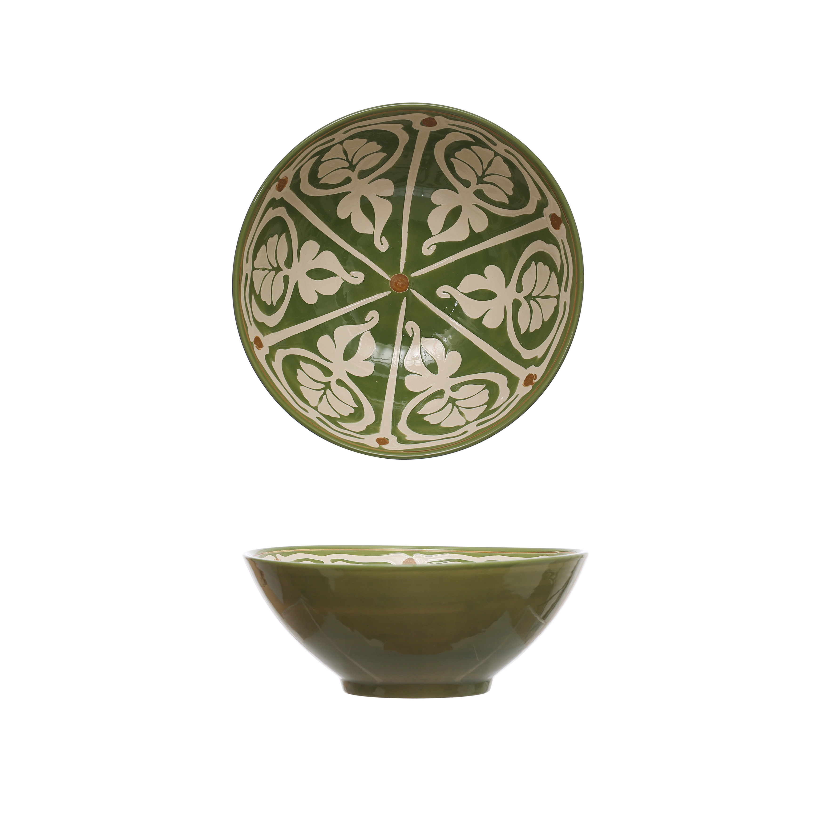 10.5 Round Hand-Painted Stoneware Serving Bowl with Pattern Design, Green and Brown - Image 0