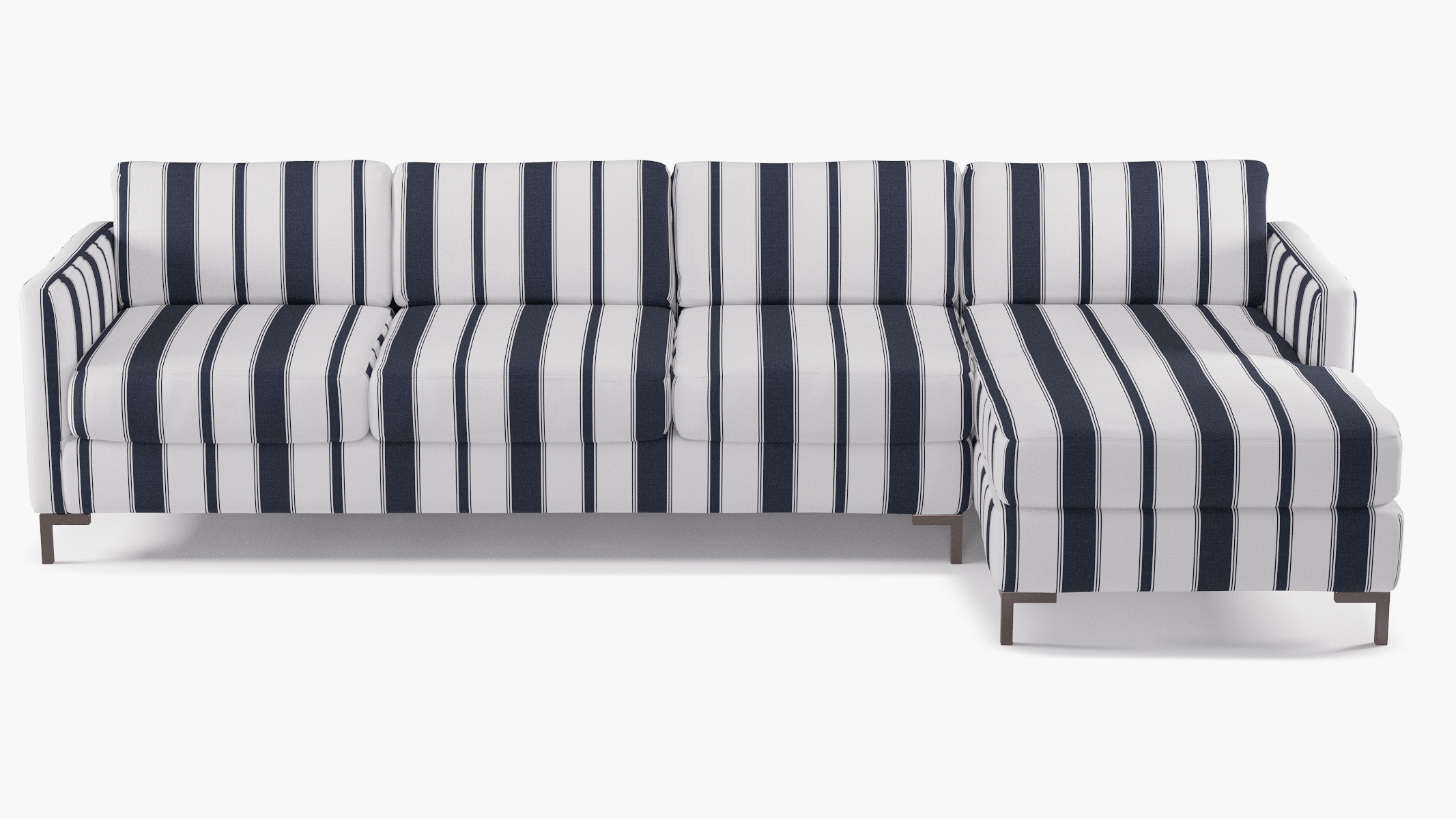 Modern Sectional, Right Facing, Navy Clarence Stripe, Bronze L Leg - Image 0