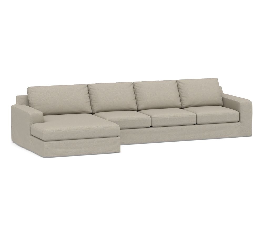 Big Sur Square Arm Slipcovered Right Arm Grand Sofa with Double Wide Chaise Sectional, Down Blend Wrapped Cushions, Performance Boucle Fog - Image 0