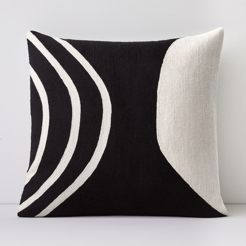 Crewel Rounded Pillow Cover, Black, 18"x18" - Image 0