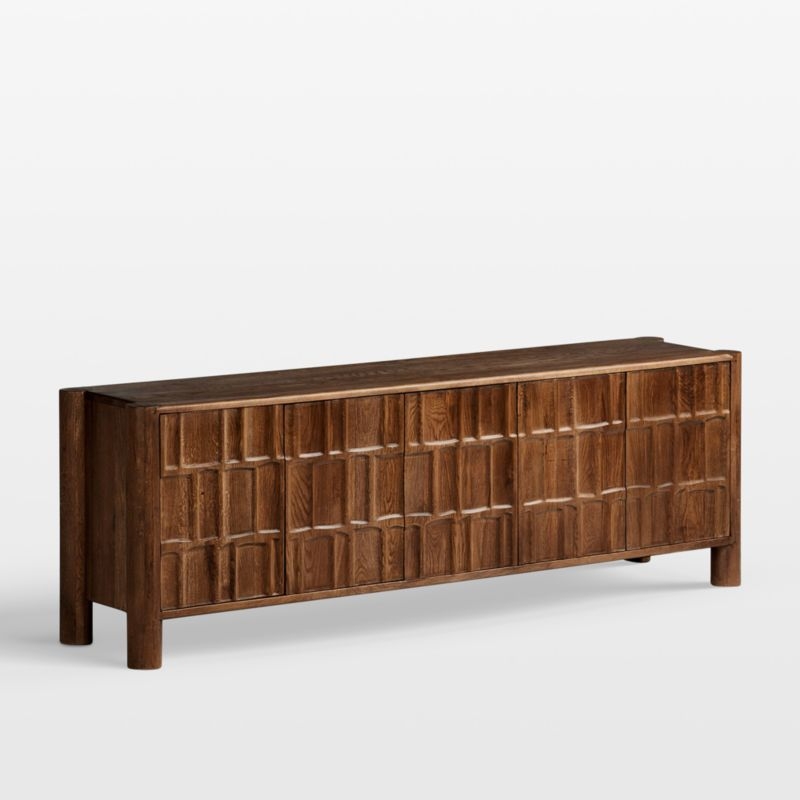Ezri 82" Brown Carved Oak Wood Storage Media Console - Image 1
