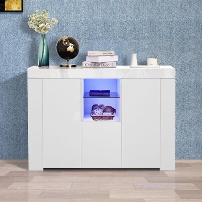 Wood Storage Cabinet With LED Light And Concealed Shelves Modern Display Cabinet With Shelf Kitchen Sideboard Cupboard For Hallway Living Room Kitchen - Image 0