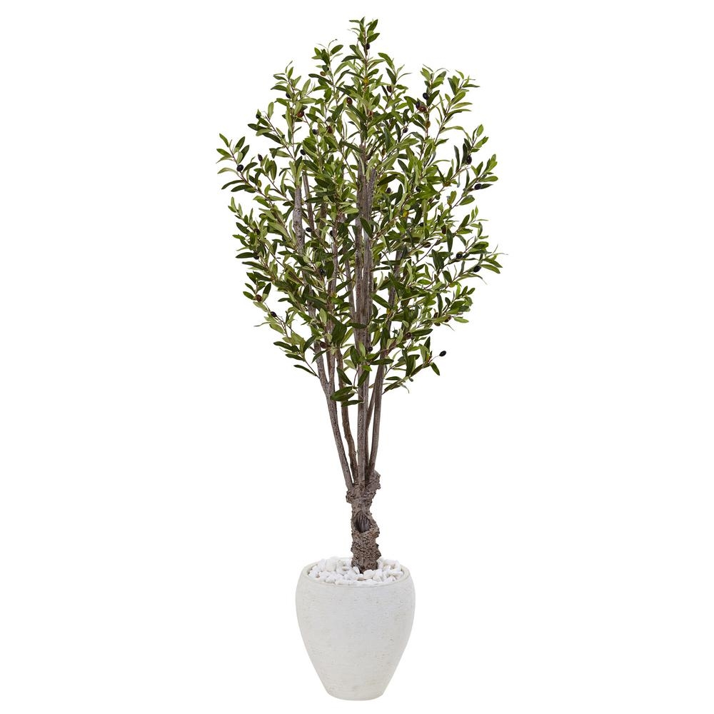 Indoor Olive Artificial Tree in White Oval Planter - Image 0