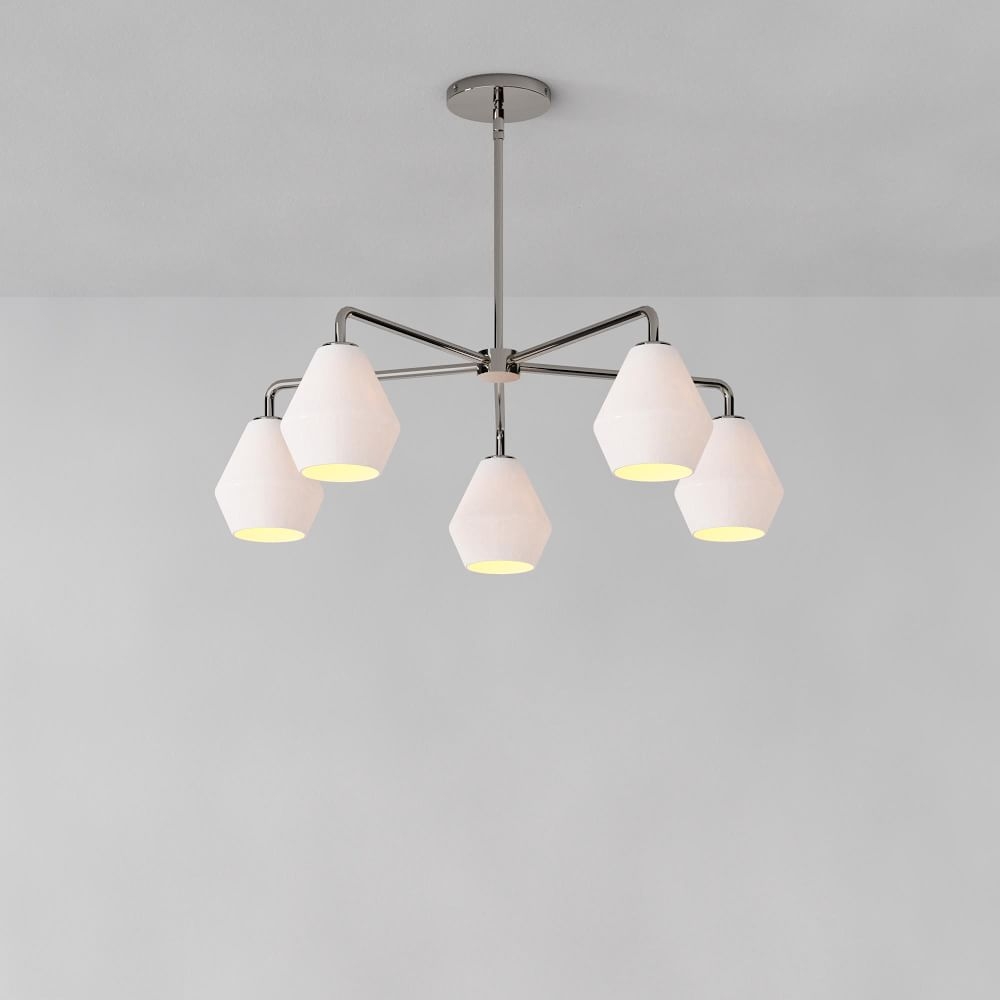 Sculptural 5 Light Chandelier Polished Nickel Milk Glass Geo (6") - Image 0