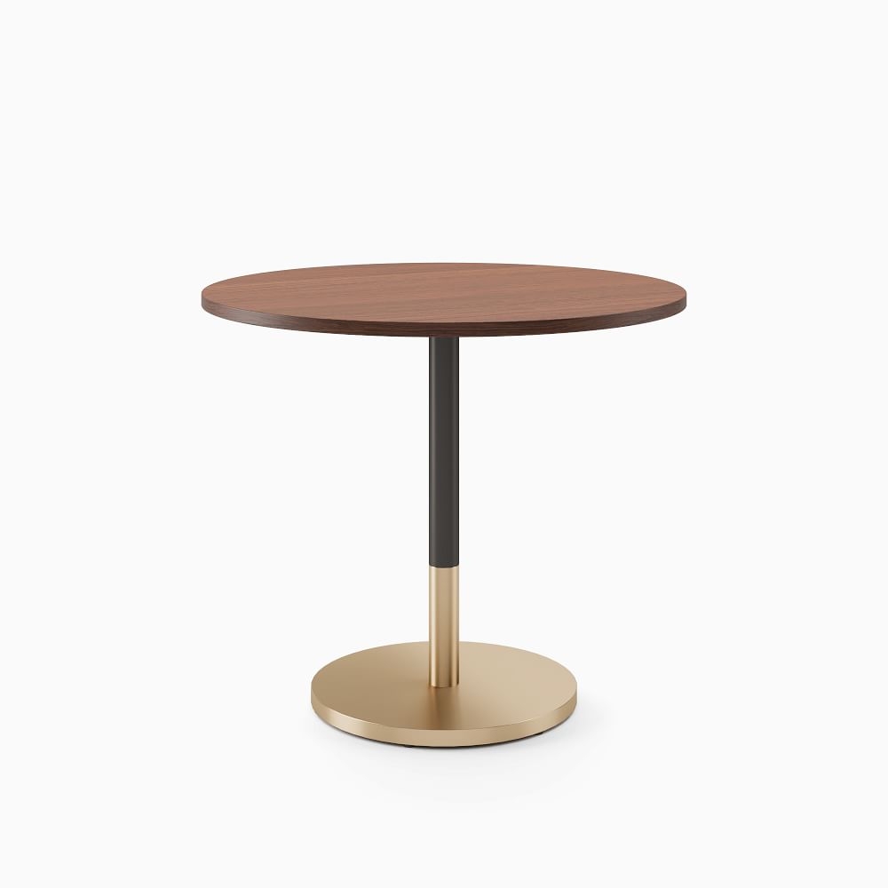 Restaurant Table, 36" Round, Dark Walnut, Dining Ht Orbit Base, Bronze, Brass - Image 0