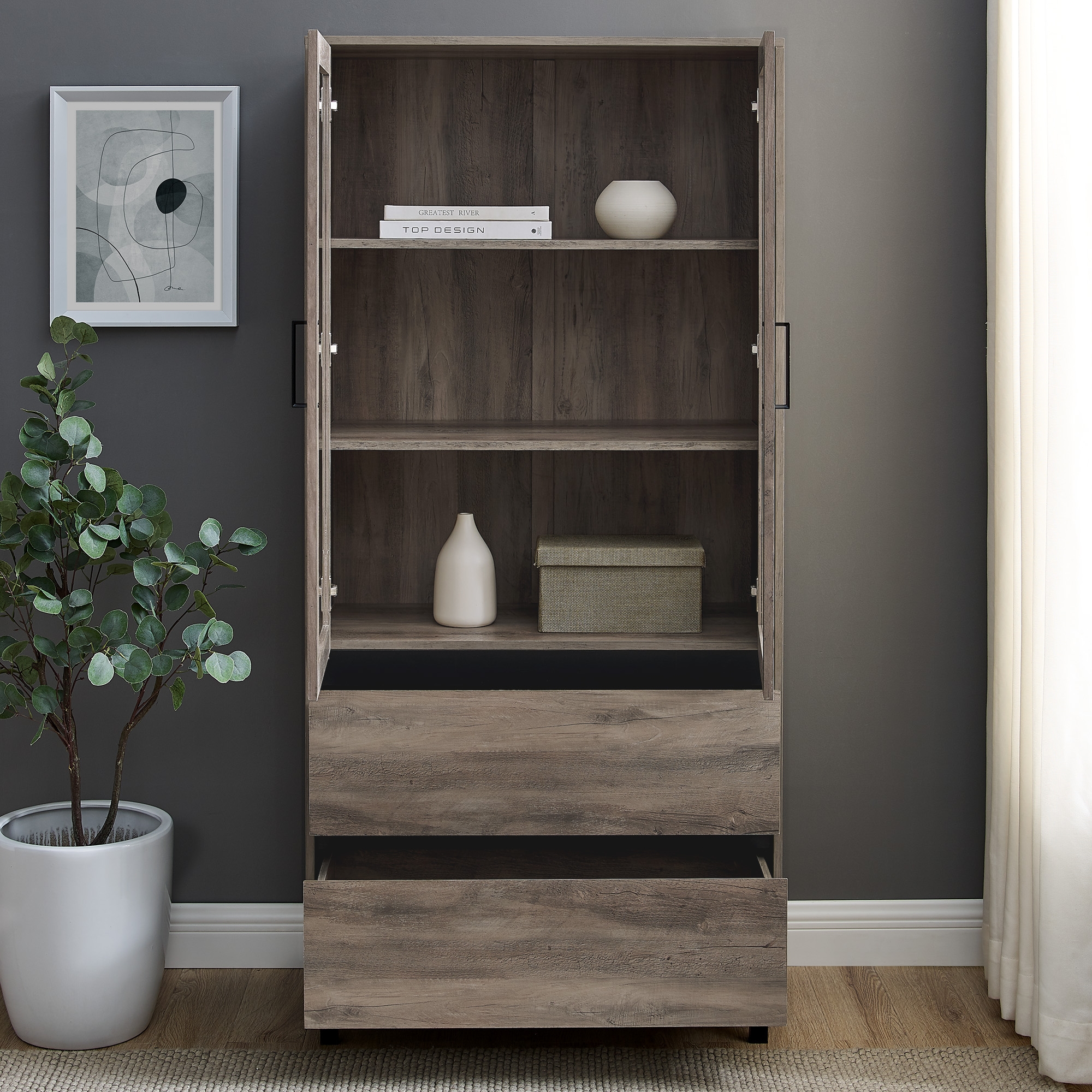 Clark 68" Glass Door Storage Hutch - Grey Wash - Image 6