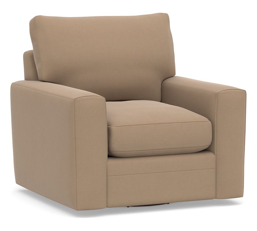 Pearce Modern Square Arm Upholstered Swivel Armchair, Down Blend Wrapped Cushions, Performance Plush Velvet Camel - Image 0