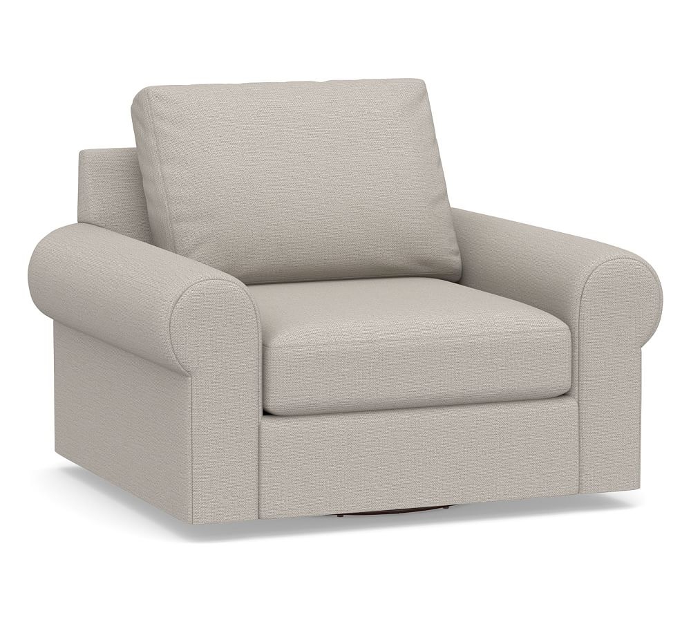 Big Sur Roll Arm Upholstered Swivel Armchair, Down Blend Wrapped Cushions, Chunky Basketweave Stone - Image 0