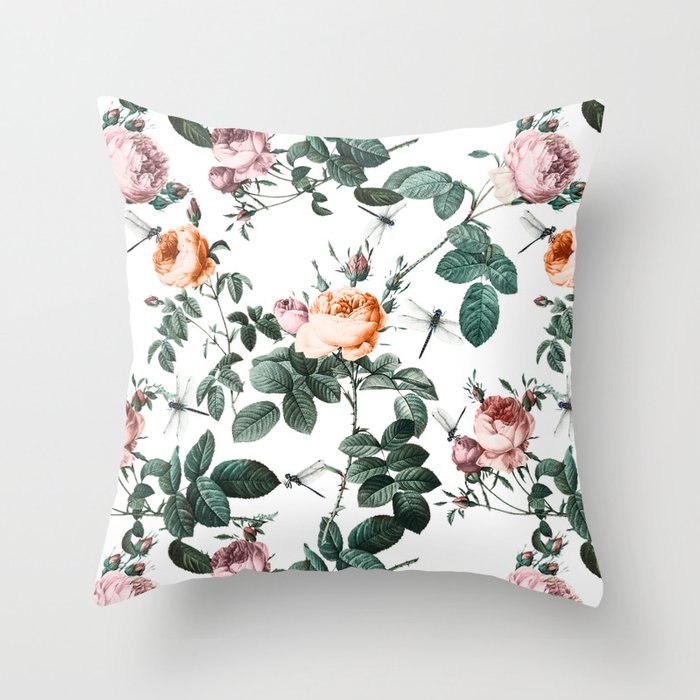 Floral And Winged Darter Throw Pillow by Burcu Korkmazyurek - Cover (18" x 18") With Pillow Insert - Outdoor Pillow - Image 0