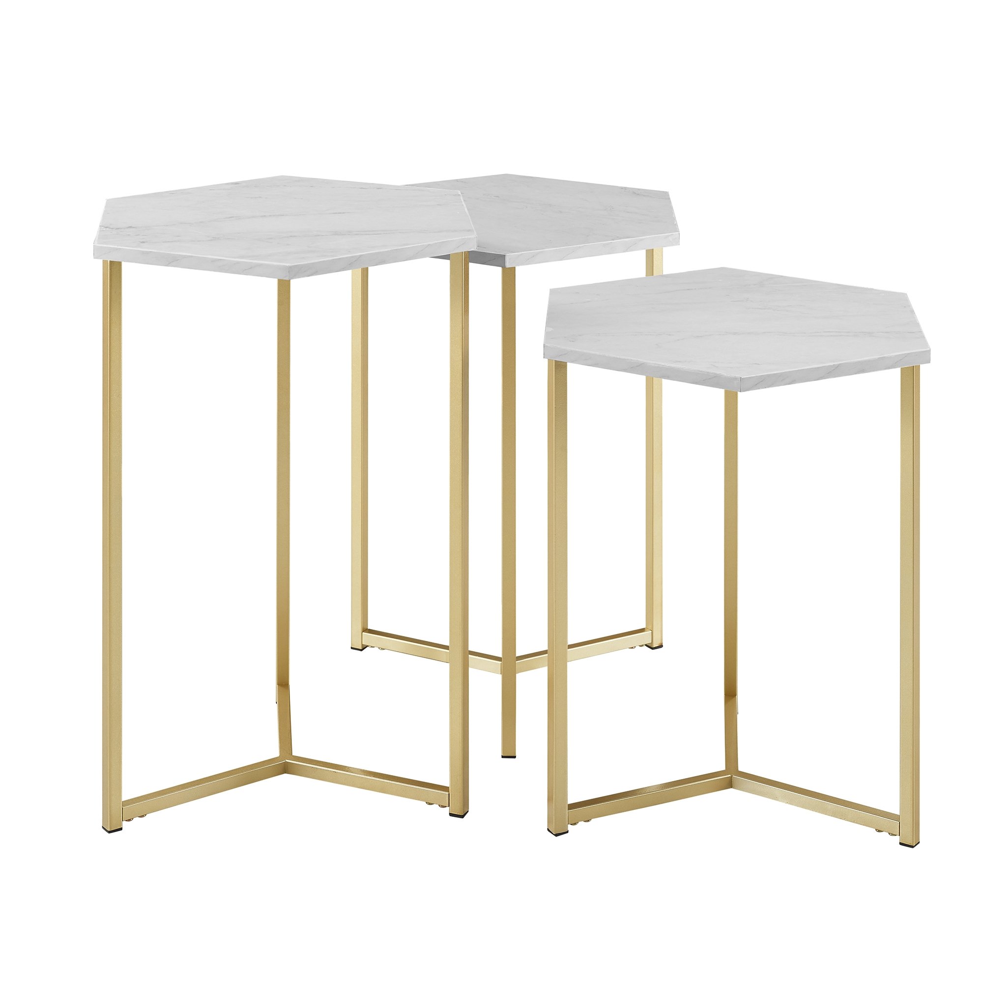 Hexagon Modern Wood Nesting Tables, Set of 3 - Faux White Marble/Gold  - Image 1