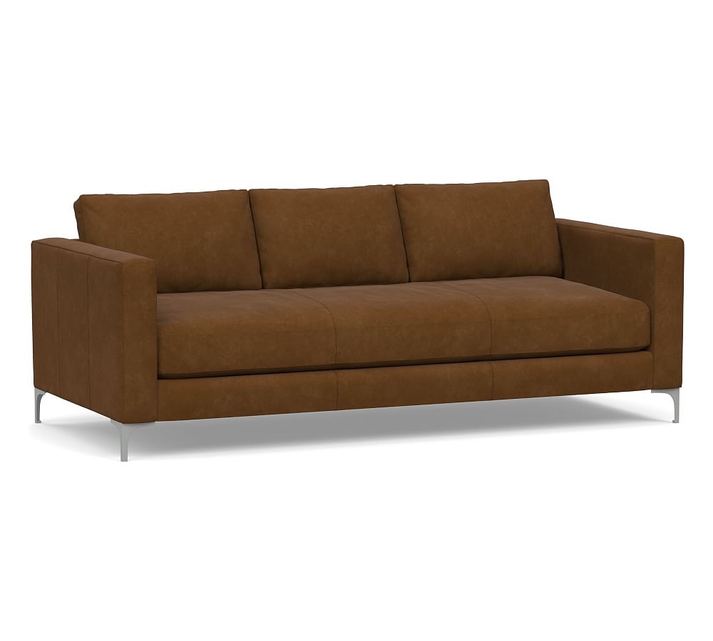 Jake Leather Sofa 85" with Brushed Nickel Legs, Down Blend Wrapped Cushions, Aviator Umber - Image 0