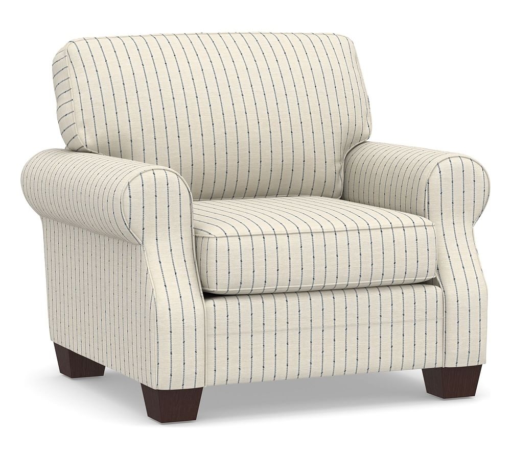 SoMa Fremont Roll Arm Upholstered Armchair, Polyester Wrapped Cushions, Slubby Pinstripe Blue - Image 0