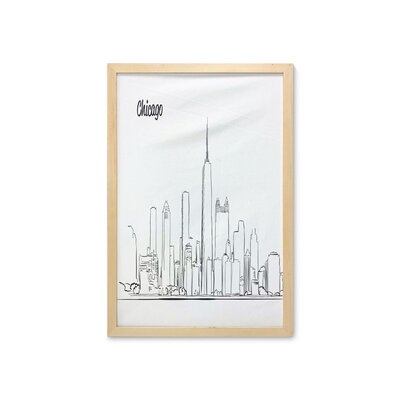 Ambesonne Chicago Skyline Wall Art With Frame, Hand Drawn City Silhouette Downtown Free Hand Sketch Of Panoramic Landmark, Printed Fabric Poster For Bathroom Living Room Dorms, 23" X 35", Black White - Image 0