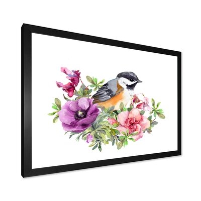 Cute Bird In Pink And Purple Flowers - Traditional Canvas Wall Art Print-37114 - Image 0