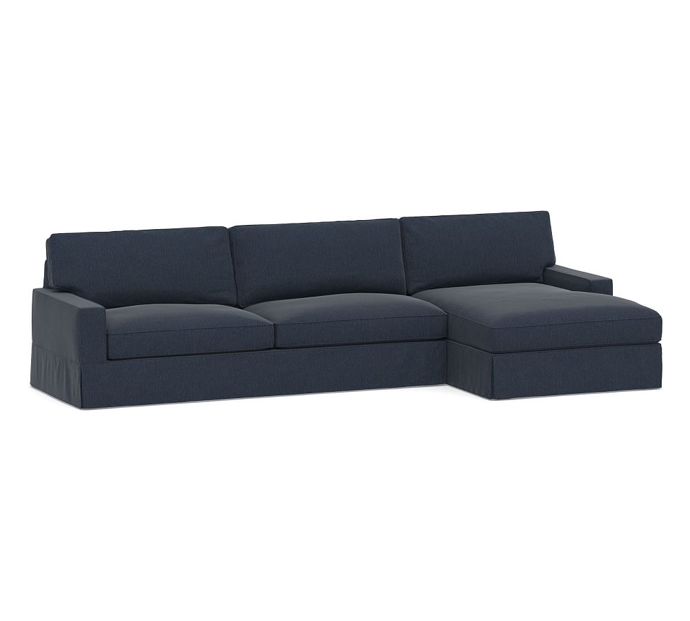 PB Comfort Square Arm Slipcovered Left Arm Sofa with Wide Chaise Sectional, Box Edge, Down Blend Wrapped Cushions, Sunbrella(R) Performance Chenille Indigo - Image 0