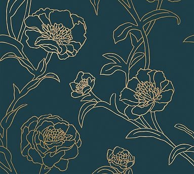 Peonies Peacock Blue/Gold Removeable Wallpaper, 56 Sq. Ft - Image 1