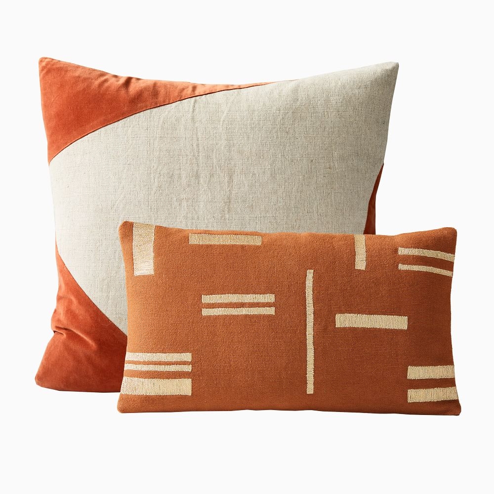 Cotton Linen & Velvet Corners & Metallic Blocks Pillow Cover Set, Copper, Set of 2 - Image 0