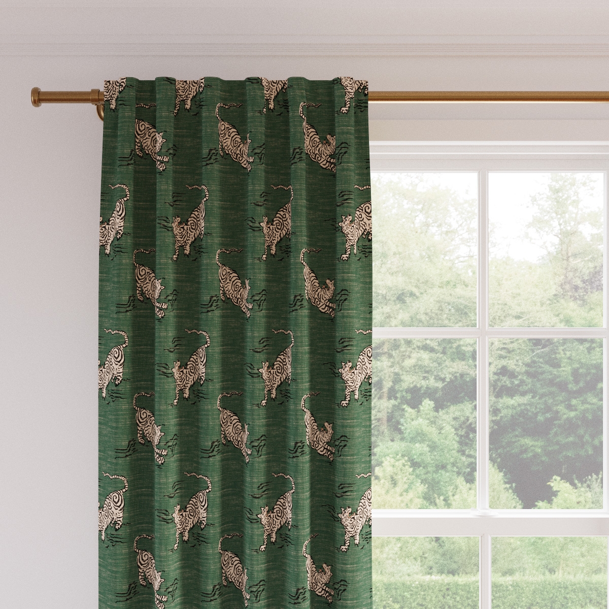 Printed Linen Curtain, Emerald Tigresse, 50" x 96", Privacy - Image 1