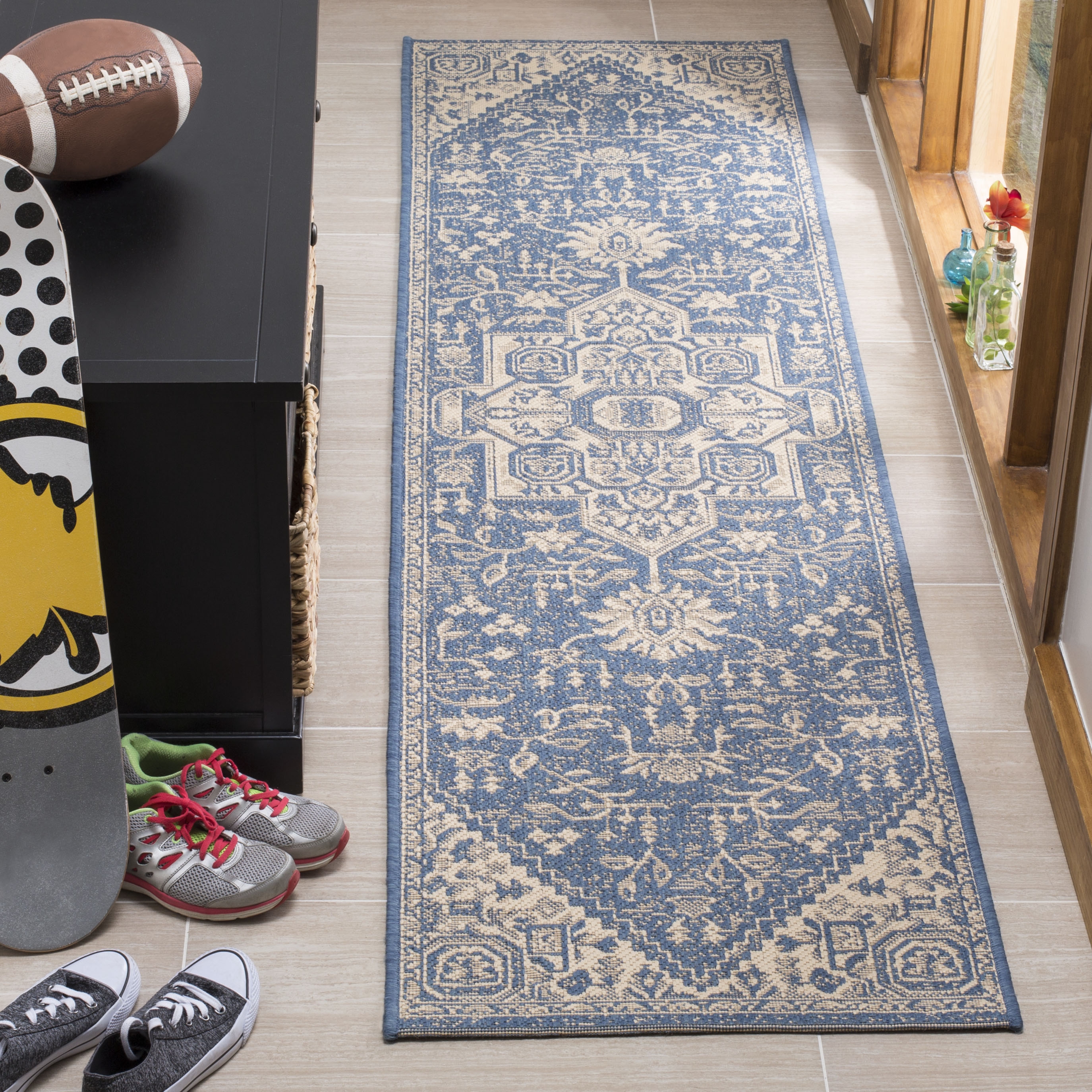 Arlo Home Indoor/Outdoor Woven Area Rug, LND138N, Cream/Blue,  2' X 8' - Image 1