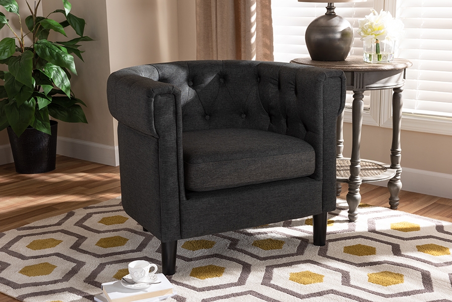 Bisset Classic and Traditional Gray Fabric Upholstered Chesterfield Chair - Image 0