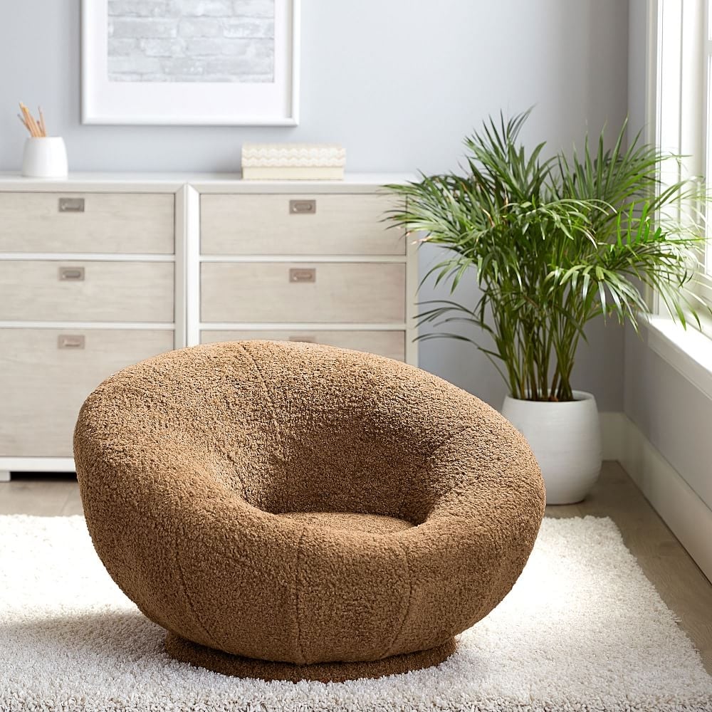 Teddy Bear Faux-Fur Groovy Swivel Chair, Brown - Image 0