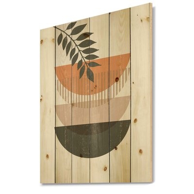 Abstract Geometrical Sun And Moon With Leaf II - Modern Print On Natural Pine Wood - Image 0