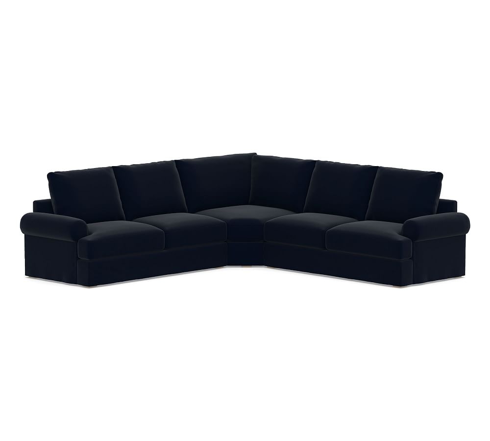 Canyon Roll Arm Slipcovered 3-Piece L-Shaped Wedge Sectional, Down Blend Wrapped Cushions, Performance Plush Velvet Navy - Image 0