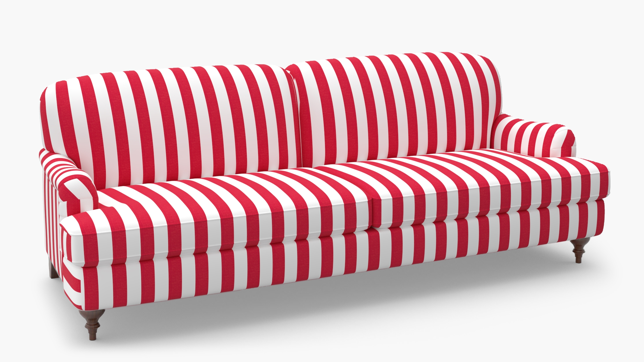English Roll Arm Sofa, Red Cabana Stripe, Walnut Turned Wood Leg - Image 1