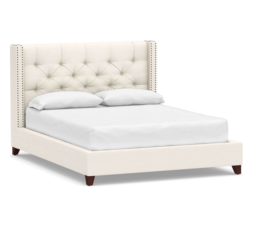 Harper Tufted Upholstered Low Bed with Bronze Nailheads, California King, Performance Chateau Basketweave Ivory - Image 0