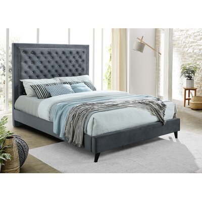 Deep Tufted Upholstered Grey Headboard With Rhinestone And Nailhead Details, Includes Mattress Support. King 78'' - Image 0