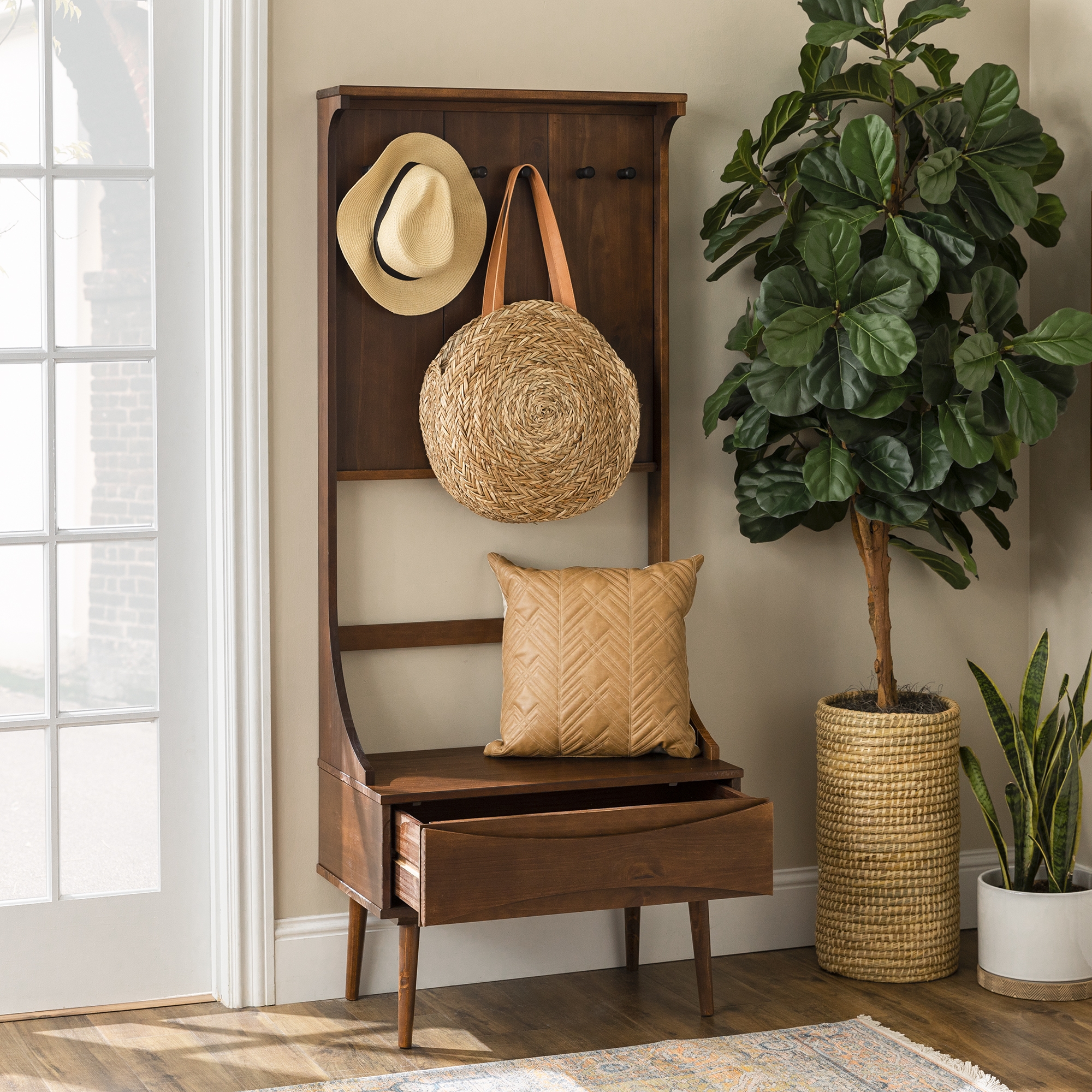 Atticus 68" Solid Wood Hall Tree With Drawer - Walnut - Image 6