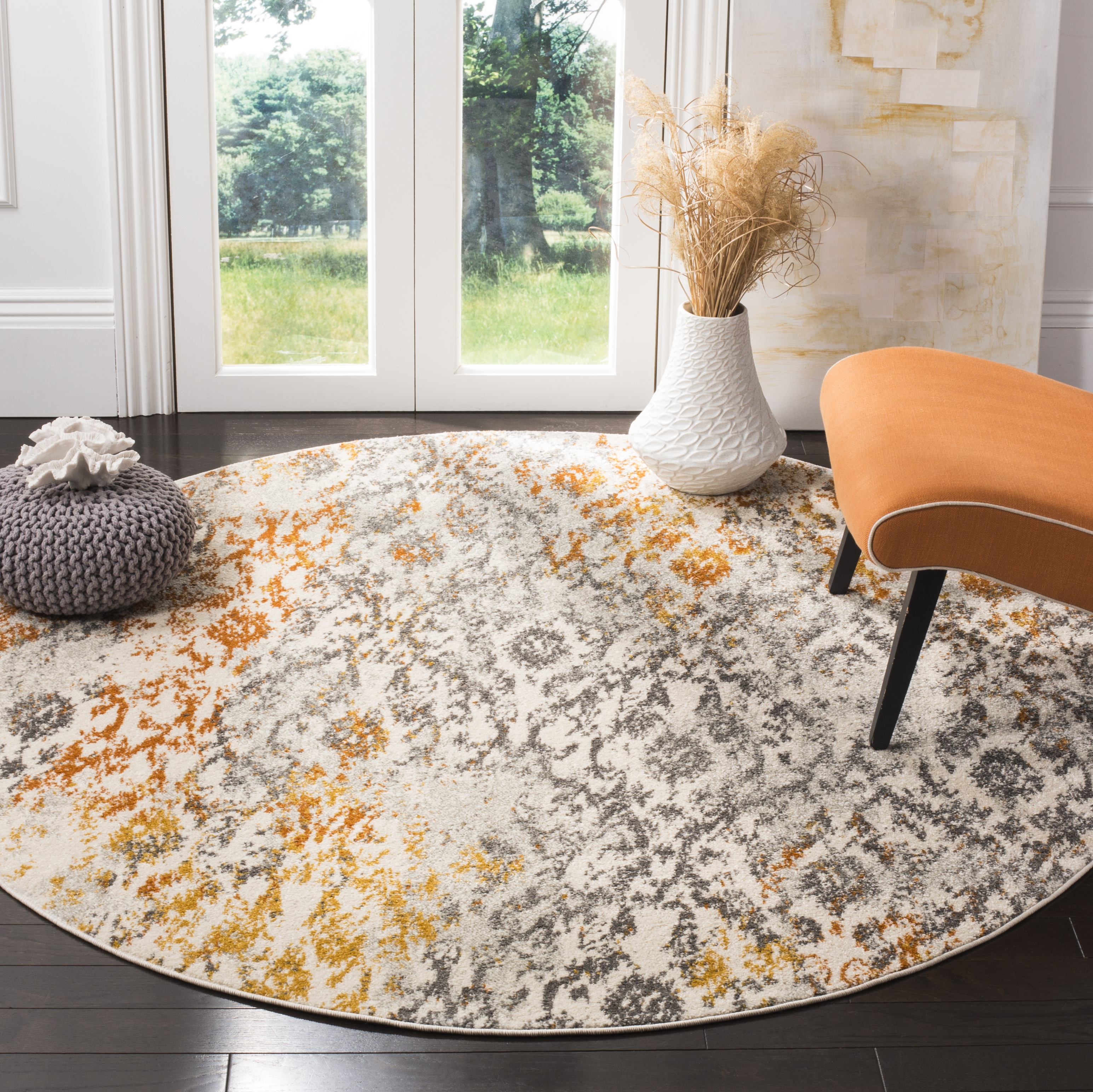 Arlo Home Woven Area Rug, MAD608K, Cream/Orange,  4' X 4' Round - Image 1