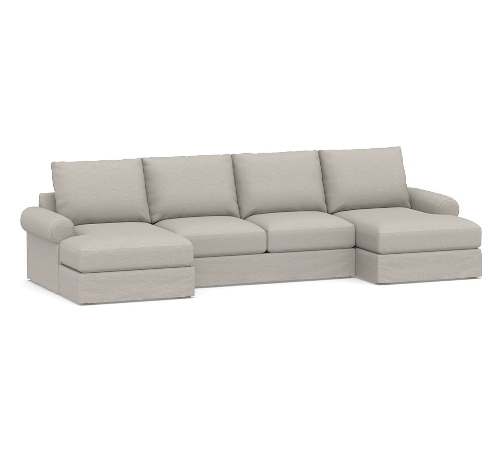 Canyon Roll Arm Slipcovered U-Chaise Loveseat Sectional, Down Blend Wrapped Cushions, Chunky Basketweave Stone - Image 0