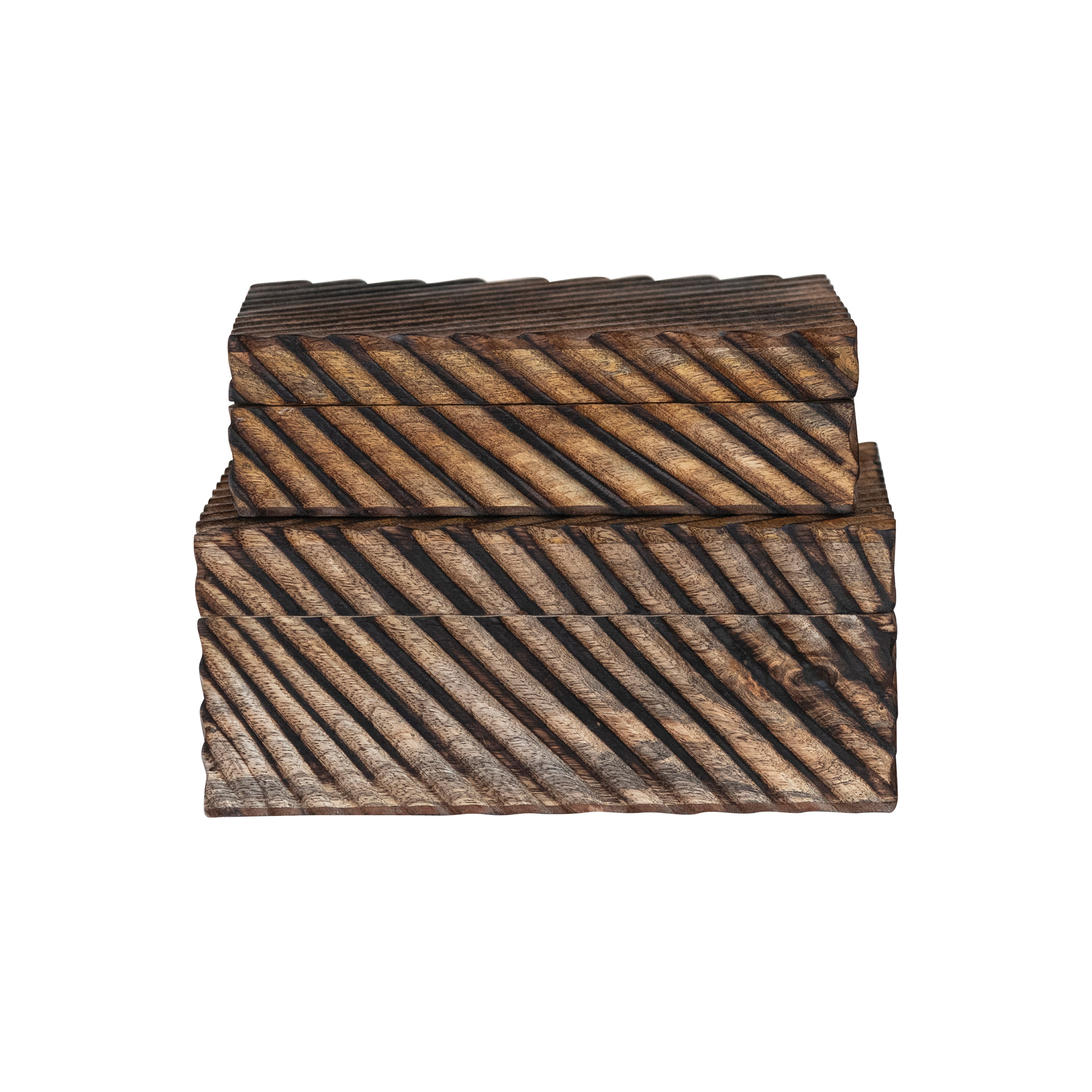 Hand-Carved Mango Wood Nesting Boxes with Burnt Finish, Grey, Set of 2 - Image 0