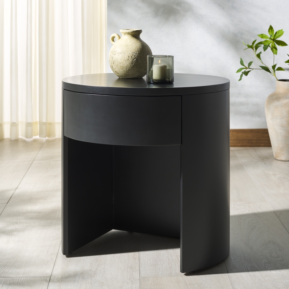 Daiya Round 1 Drawer Wood Nightstand - Black - Image 1