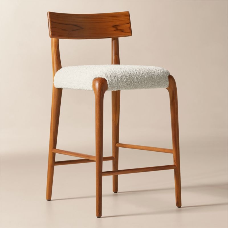 Savanna Teak Wood and Warm White Boucle Counter Stool - Image 1