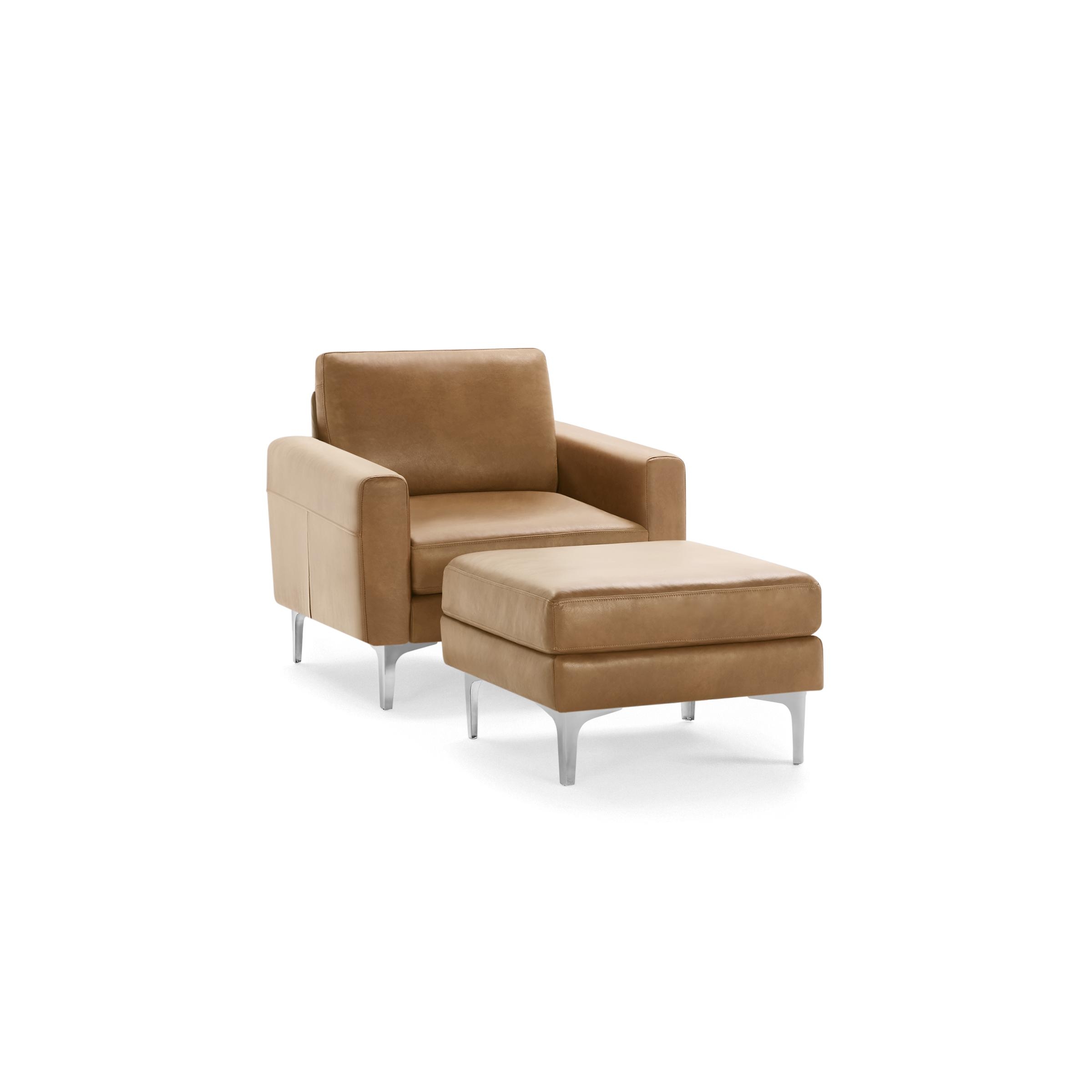 Nomad Leather Club Chair with Ottoman - Camel - Top Grain Leather / Chrome - Metal / Block - Image 0