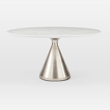 Silhouette Pedestal Dining Table, Round White Marble, Large, Brushed Nickel - Image 0