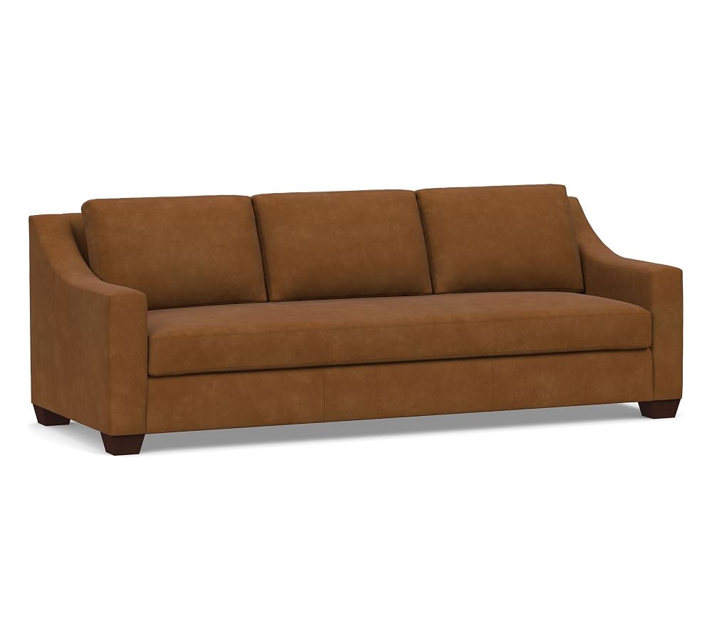 York Slope Arm Leather Grand Sofa 95" with Bench Cushion, Polyester Wrapped Cushions, Nubuck Caramel - Image 0