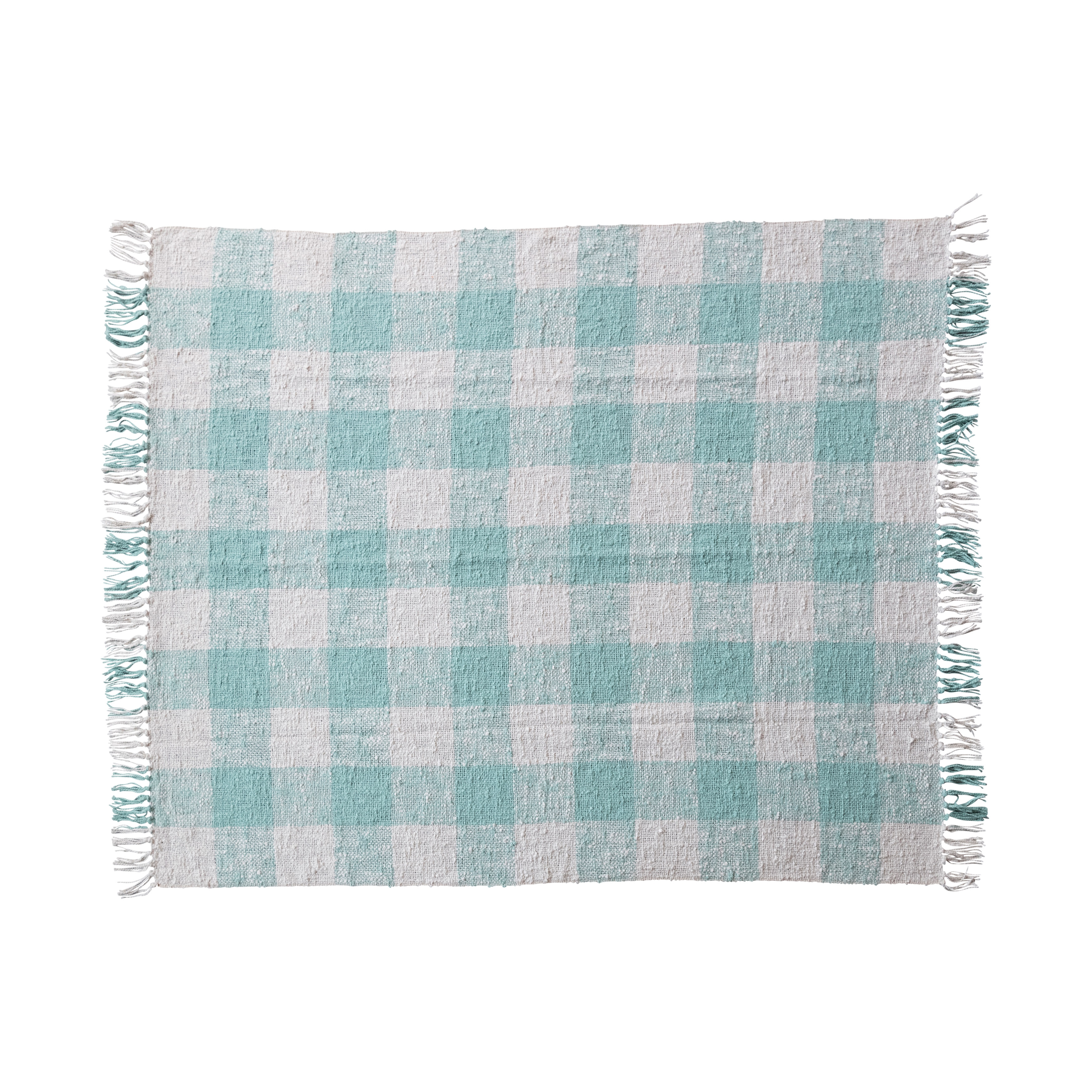 Hand-Woven Cotton Throw with Plaid Pattern and Fringe, Mint and Cream - Image 0