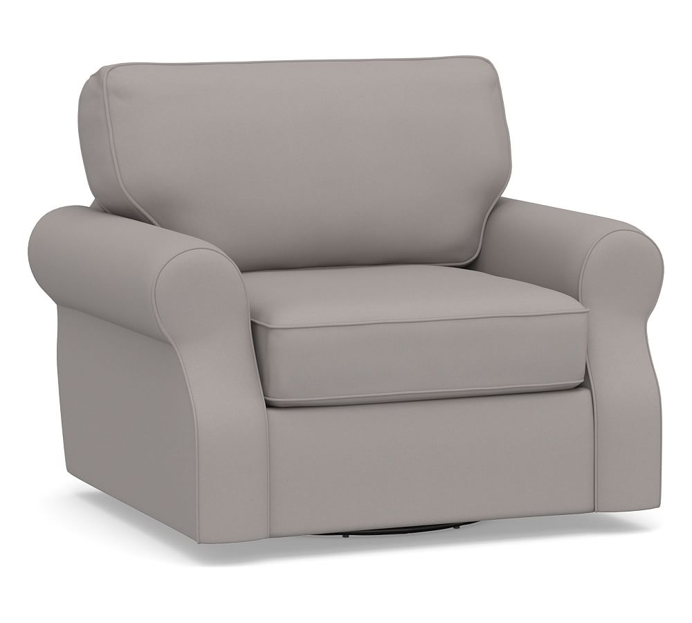 SoMa Fremont Roll Arm Upholstered Swivel Armchair, Polyester Wrapped Cushions, Performance Twill Metal Gray - Image 0