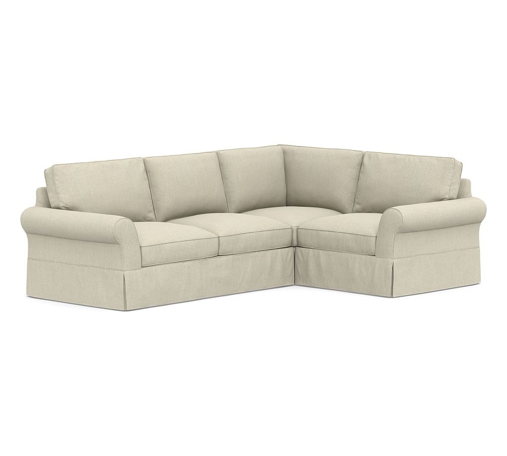 PB Comfort Roll Arm Slipcovered Left Arm 3-Piece Corner Sectional, Box Edge Down Blend Wrapped Cushions, Chenille Basketweave Oatmeal - Image 0