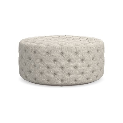 Deep Tufted 42" Round Ottoman, Perennials Performance Chenille Weave, Ivory - Image 0