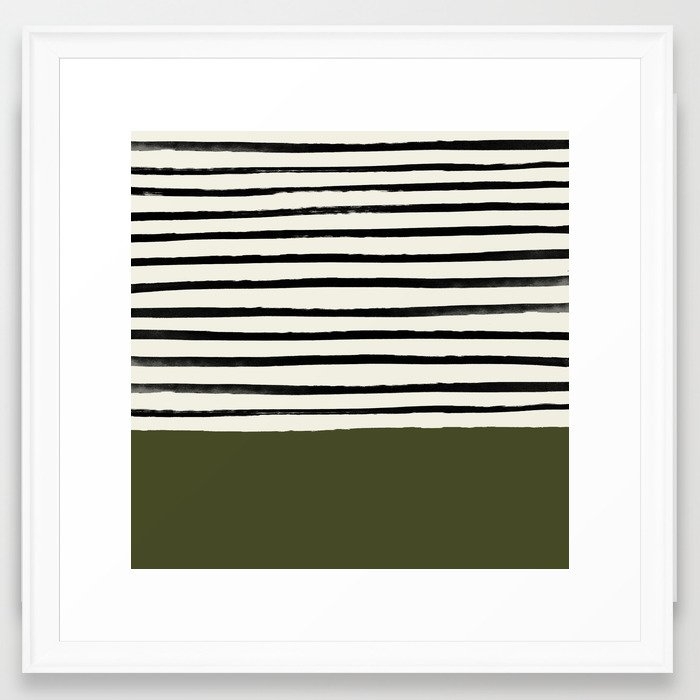 Olive Green X Stripes Framed Art Print by Leah Flores - Scoop White - MEDIUM (Gallery)-22x22 - Image 0