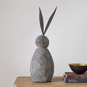Faux Stone Rabbit, Metal, Short Ears, Gray - Image 0